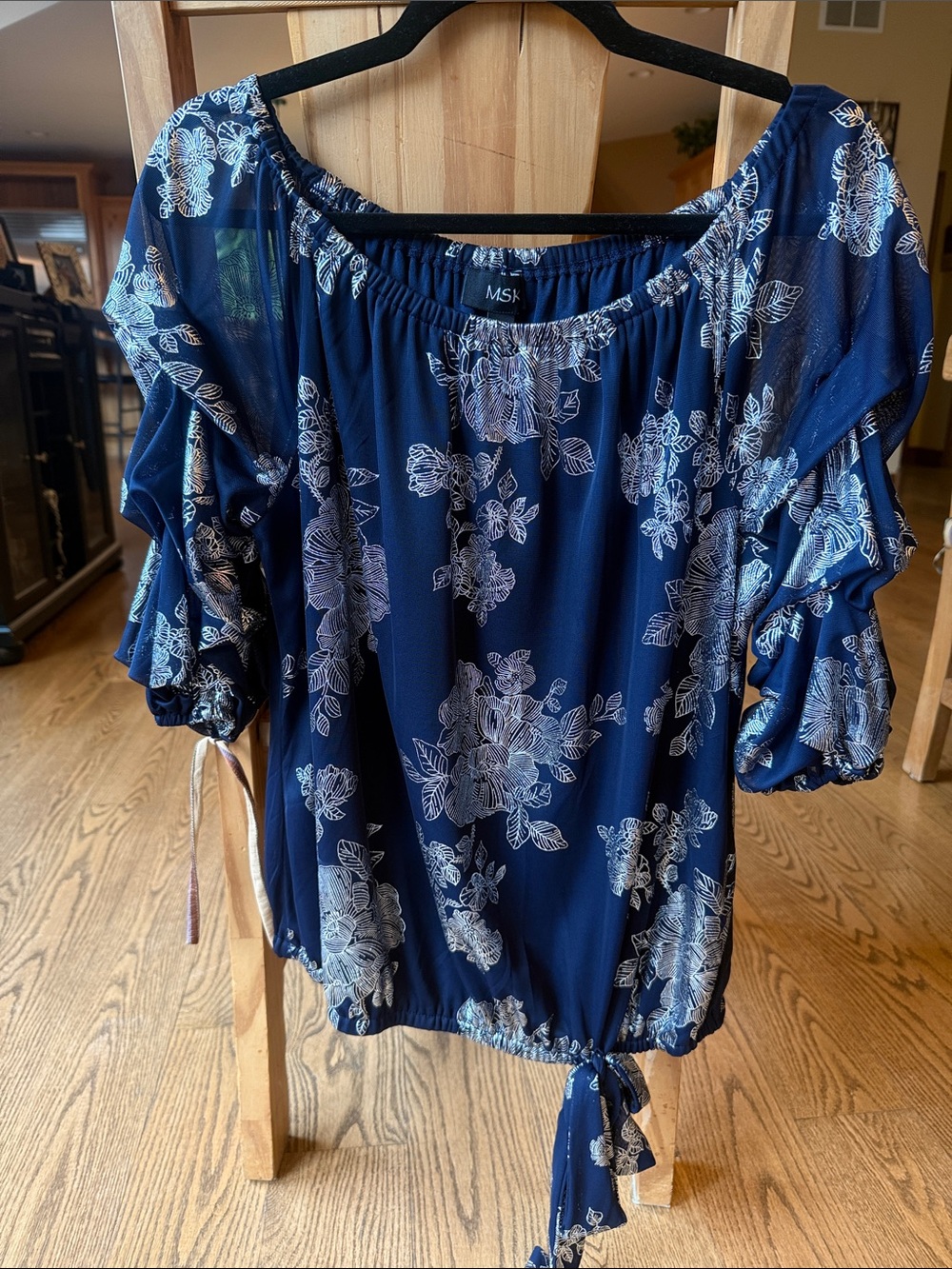MSK Navy Floral Off-Shoulder Tie-Hem Blouse